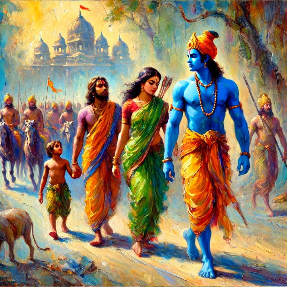 An impressionistic painting of Rama, Sita, and Lakshmana leaving Ayodhya into exile