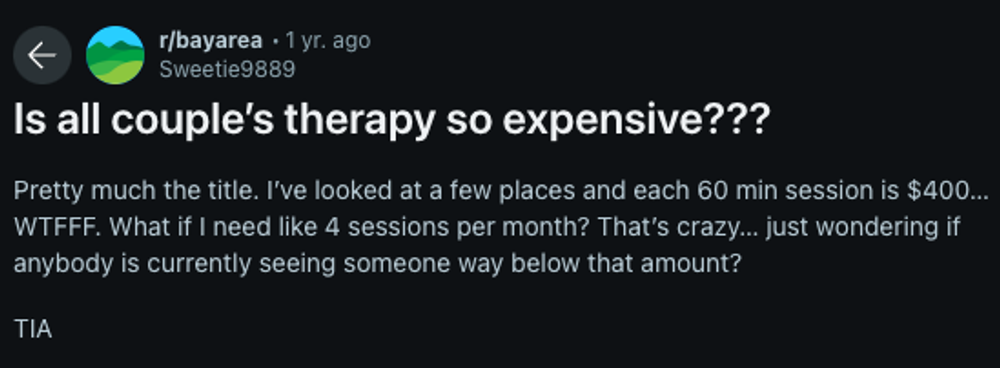 A post in the r/BayArea subreddit on the high price of couples therapy