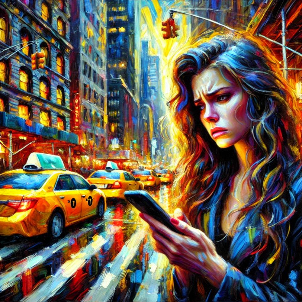 A vivid impressionistic painting of a woman upset at a text message she has received