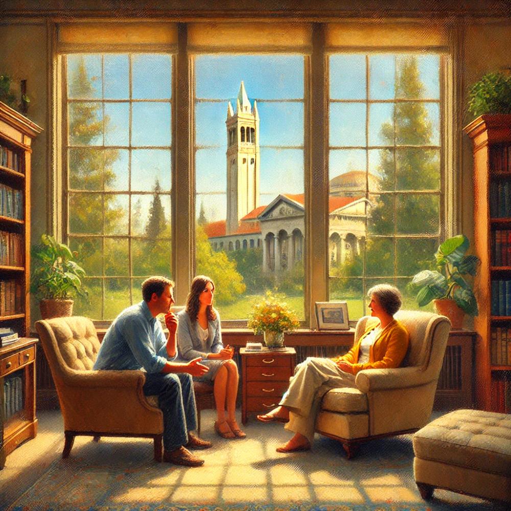 An impressionistic painting of a couple in a therapy session at UC Berkeley