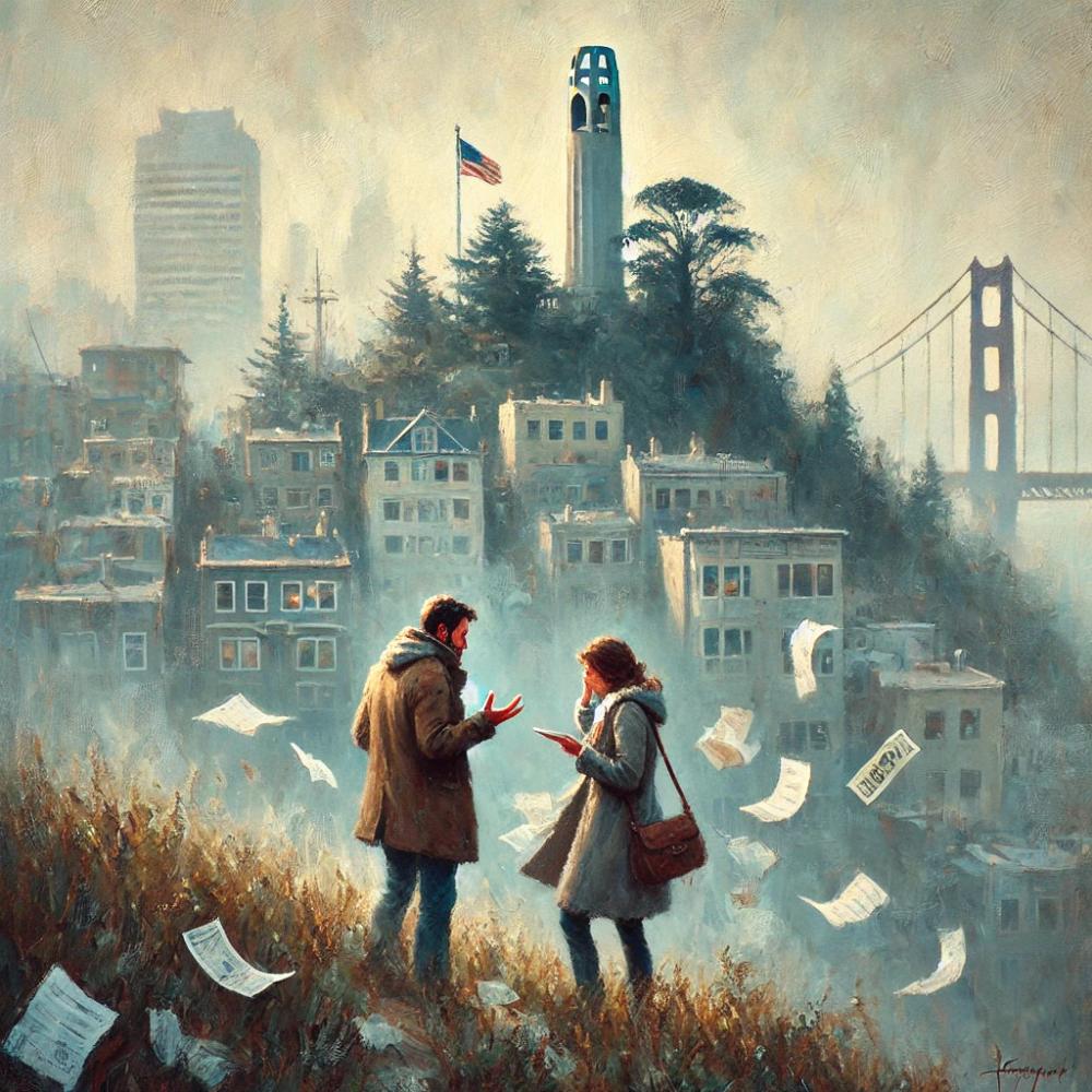 An impressionistic painting of a couple fighting on a foggy hill in San Francisco.