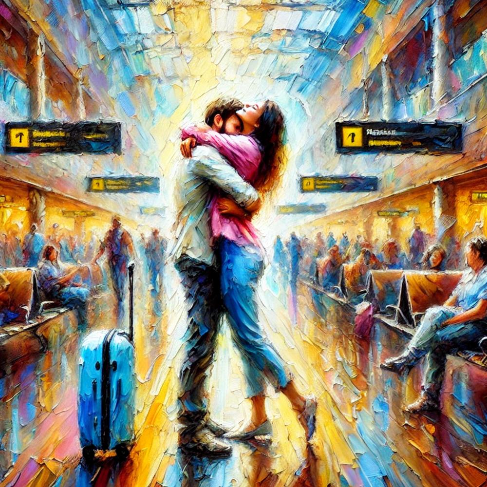 A vivid impressionistic painting of a couple reuniting at the airport after being apart.