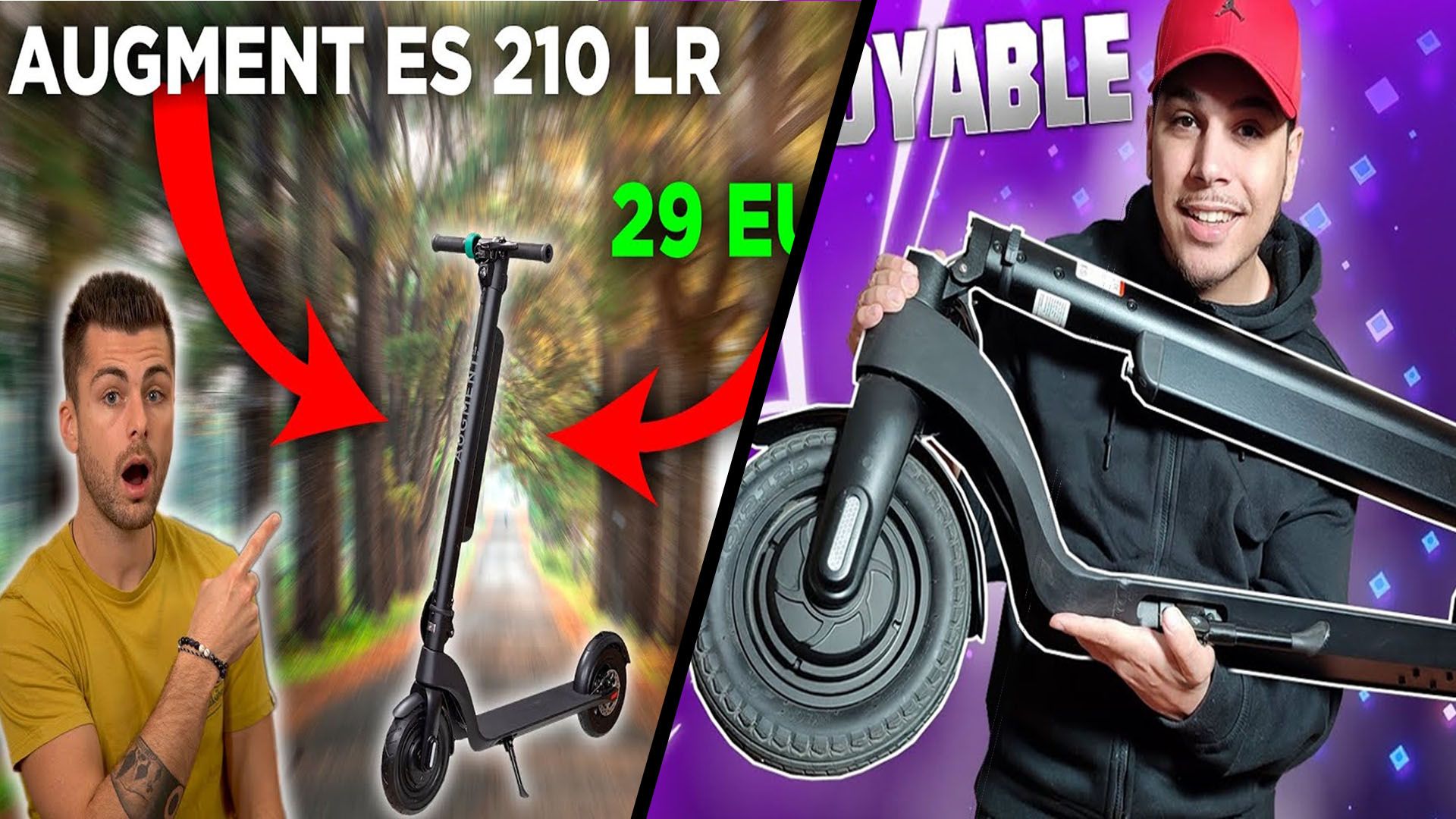 Deux captures d'écran parallèles de deux vignettes youtube montrant l'e-scooter Augment