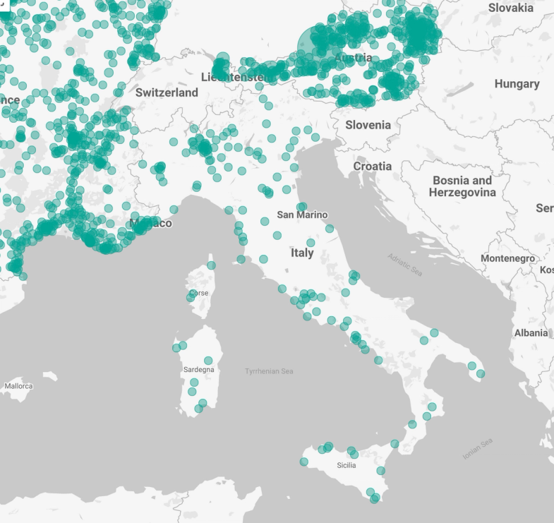 Una mappa di calore delle sedi dei clienti Augment in Italia