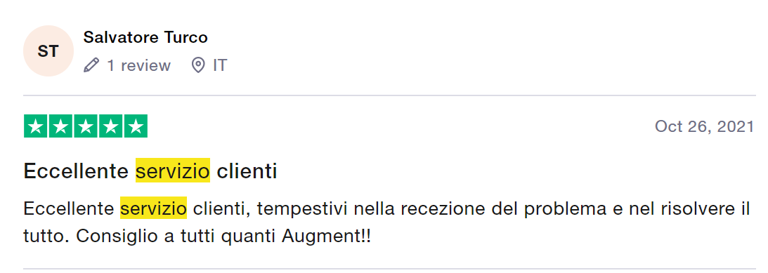 Il cliente ha giudicato il servizio clienti Augment eccellente e ha apprezzato la tempestività con cui il problema è stato accolto e risolto. Il  cliente raccomanda Augment a tutti coloro che vogliono noleggiare un monopattino in leasing. 