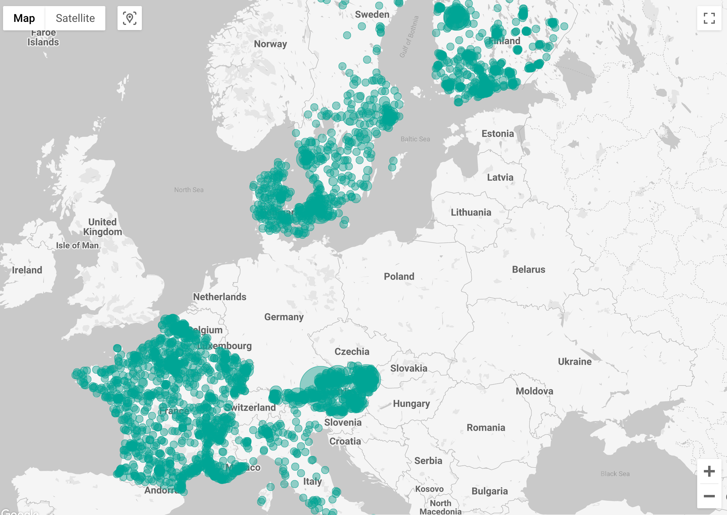 Karta över Europa och samtliga Augment abonnenter