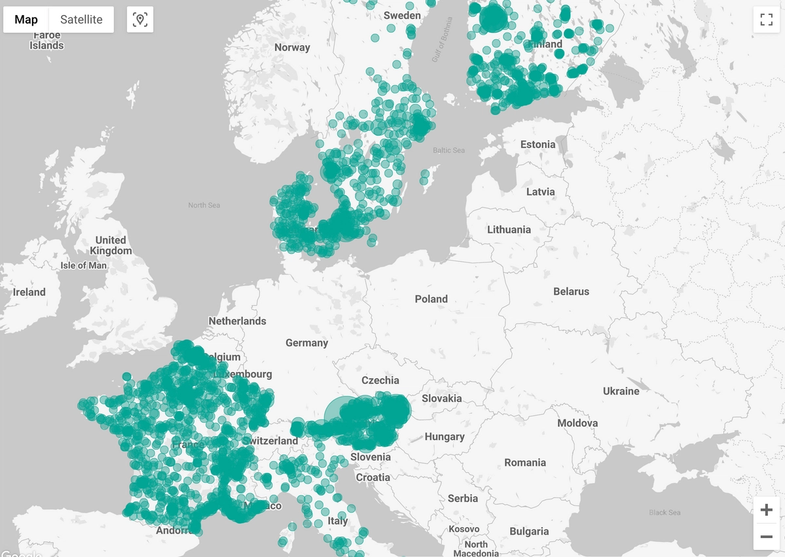 Karta över Europa och samtliga Augment abonnenter