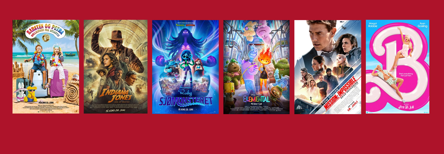 Postere av Karsten og Petra, Indiana Jones, Elemental, Sjømonsteret Ruby, Mission Impossible: Dead Reckoning part 1, Barbie