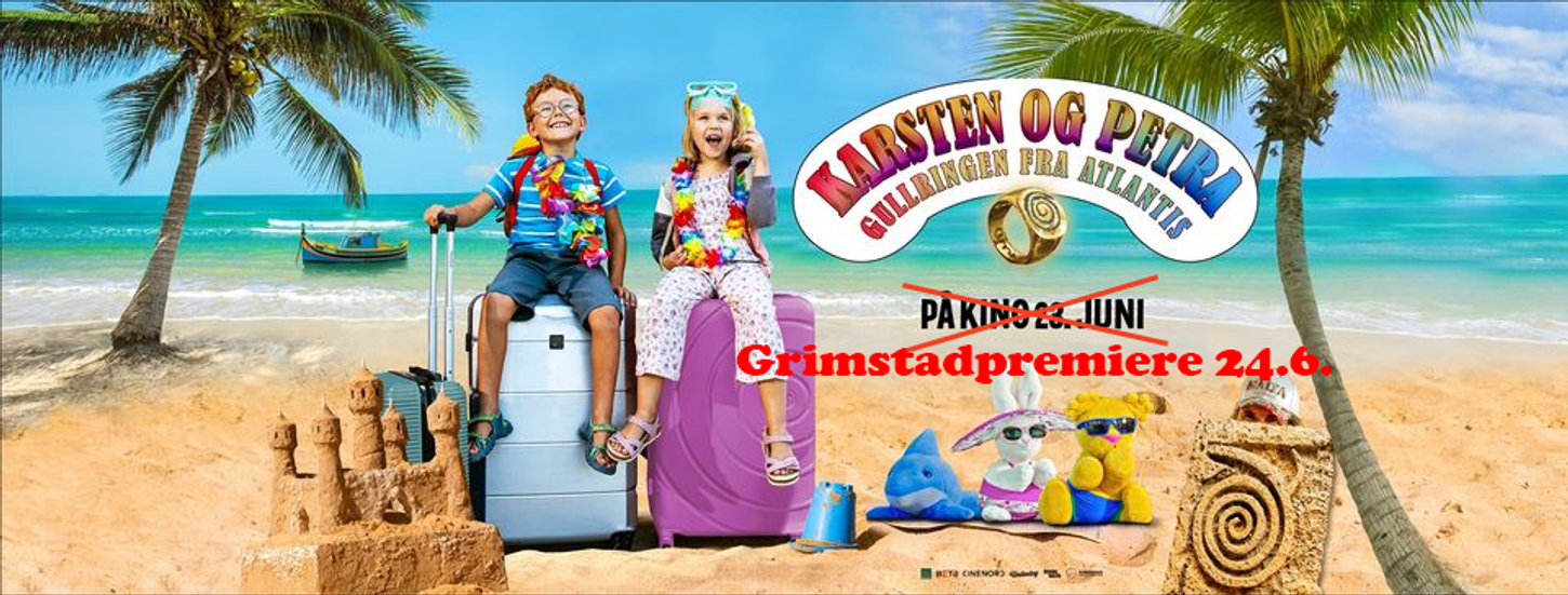 Bilde av Karsten og Petra sittende på hver sin koffert på en strand med strandlekedyr og sangslott og et skattekart. Det er palmer der. 