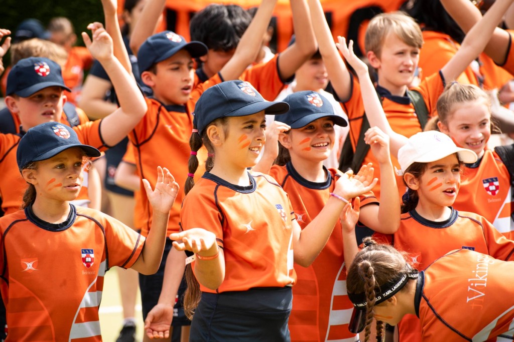 Belmont, Mill Hill Prep children all together taking part in sport activities.