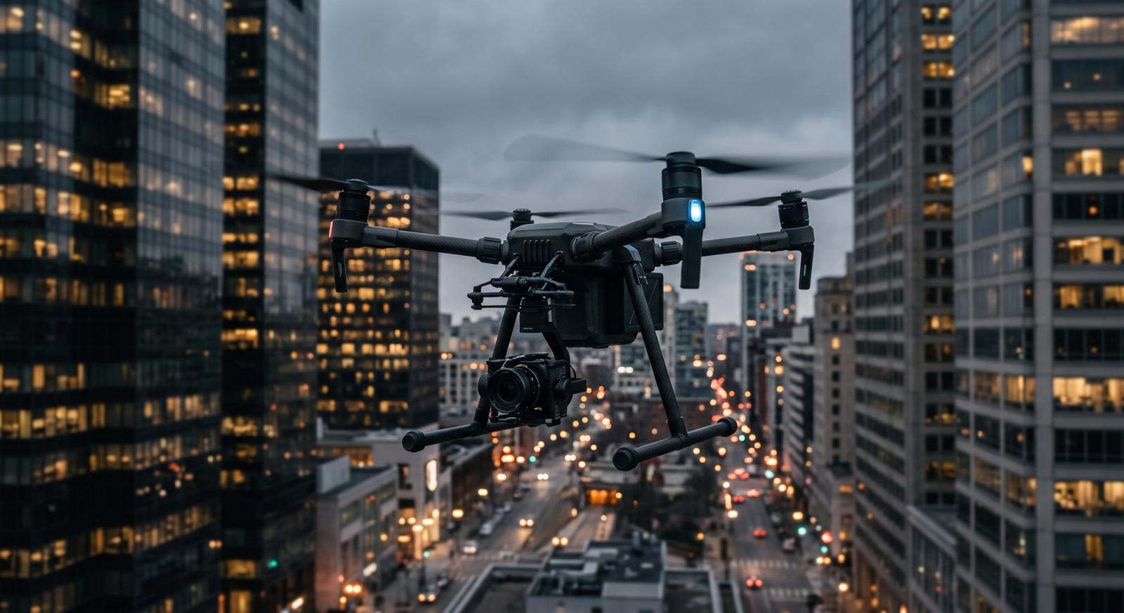 Drone in downtown city