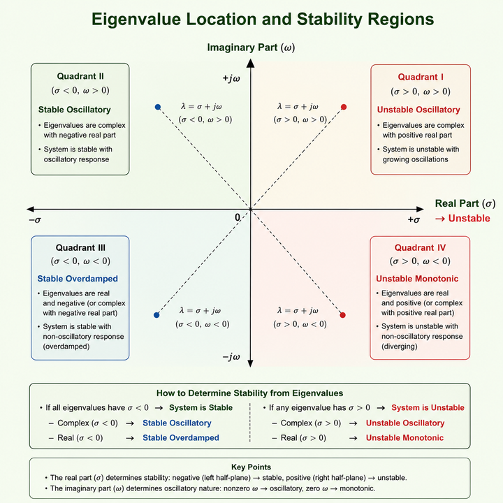 Eigenvalue stability diagram showing stable, unstable and marginal oscillatory behaviour from the real and imaginary parts of system eigenvalues.