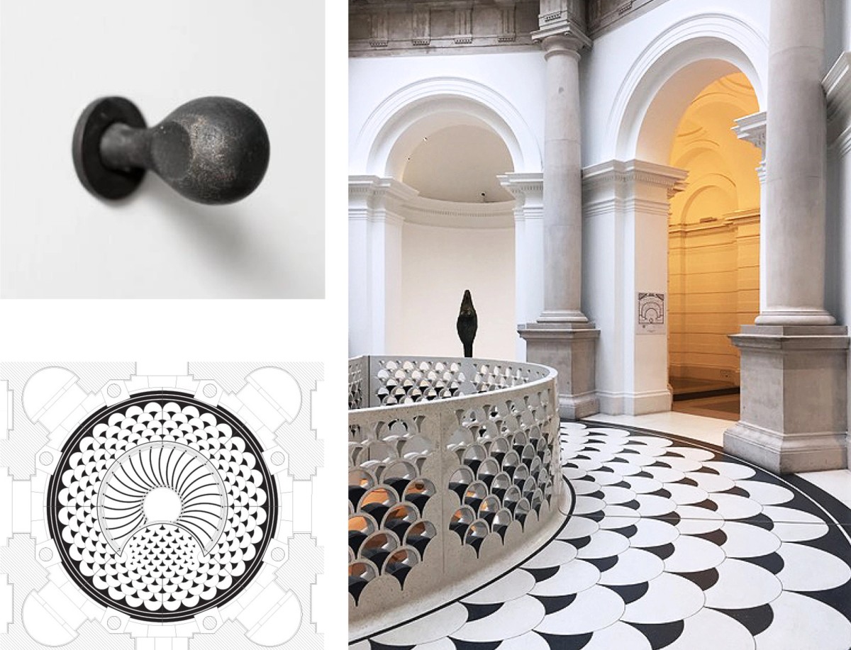 Ill. 6. 6a, Raven Row Gallery 2009, Foto: 6a Architects

Ill. 7. Caruso St. John, Rotunda Tate Britain 2013, Drawing: Caruso St. John

Ill. 8. Caruso St. John, Rotunda Tate Britain 2013, Foto: Victor Boye

På Tate Britian har tegnestuen Caruso St. John adderet ornamenterede bygningsdele, der på en sofistikeret måde går i dialog med deres omgivelser, en i grunden Edwardiansk Barok bygning med spor af nyklassicisme og funktionalisme. Her er bygningen og bygningsdelene ’værten’ for ornamentet, og forbindelsen mellem form, funktion og objekt så sammenspillet at den nye helhed er svært at opdele.