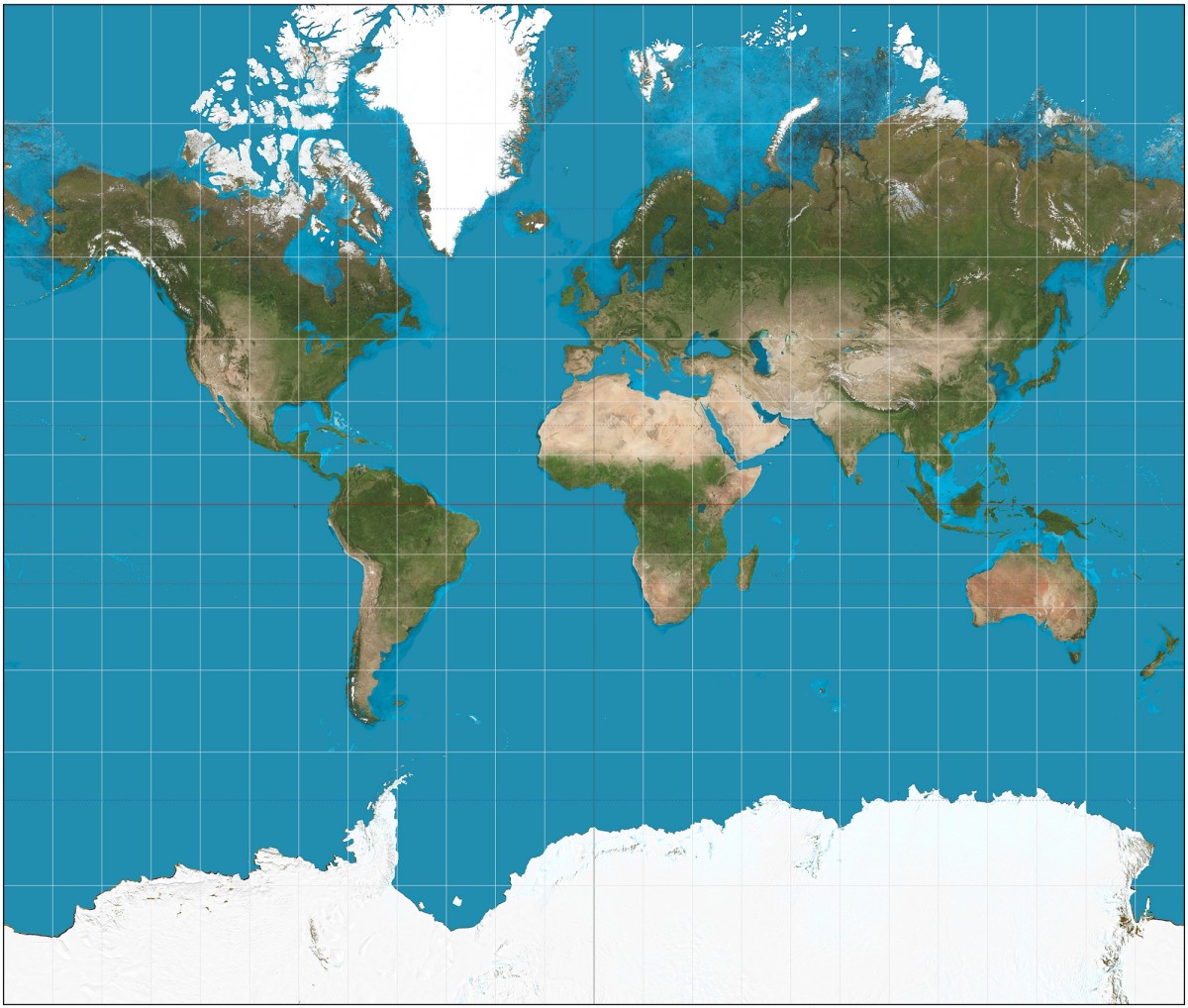 Ill.1. Mercatorprojektion af verdenskortet, Daniel R. Strebe, skabt i 2011 med data fra Nasa via Geocart. Wikepedia Commons.