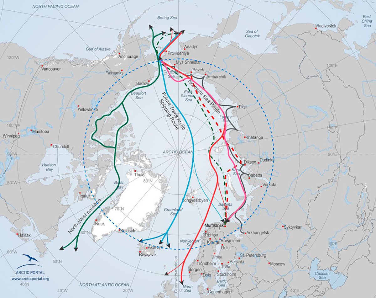 Ill.13. Arktiske søveje med vigtige havne, Arctic Portal, 2023. National Snow and Ice Data Center, University of Colorado Boulder.