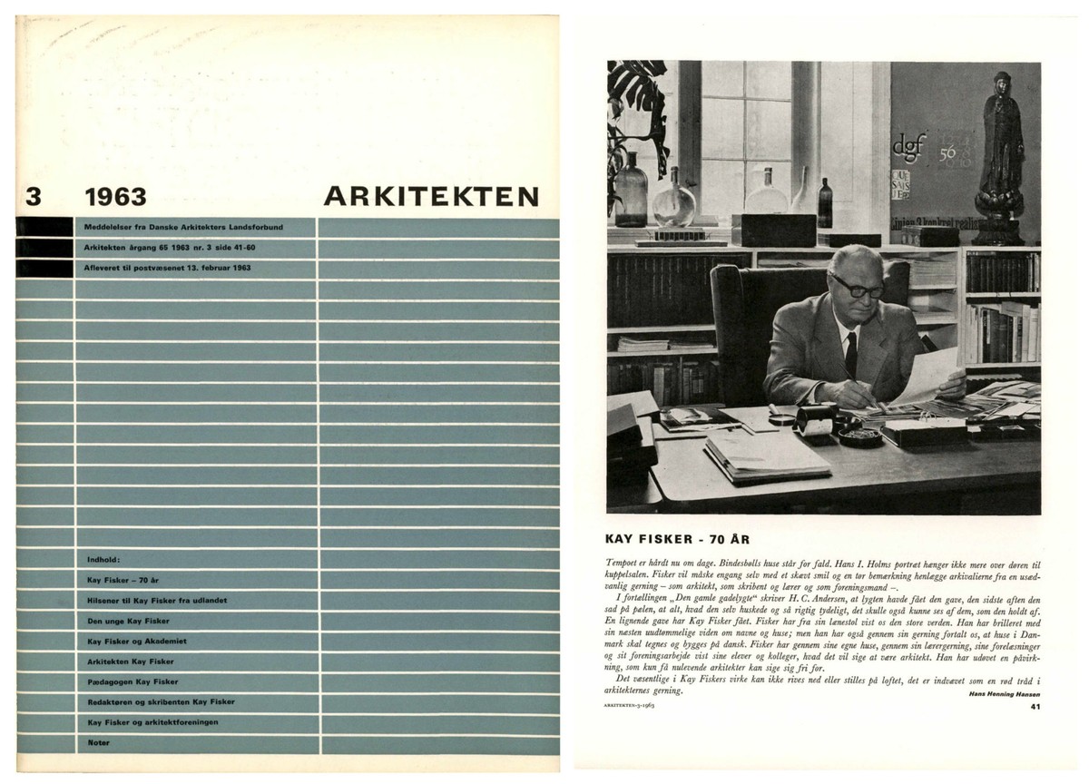 Ill. 1. Cover and introduction of the special issue on Kay Fisker. Arkitekten 65, no. 3 (1963). ARKITEKTENs digitale arkiv.