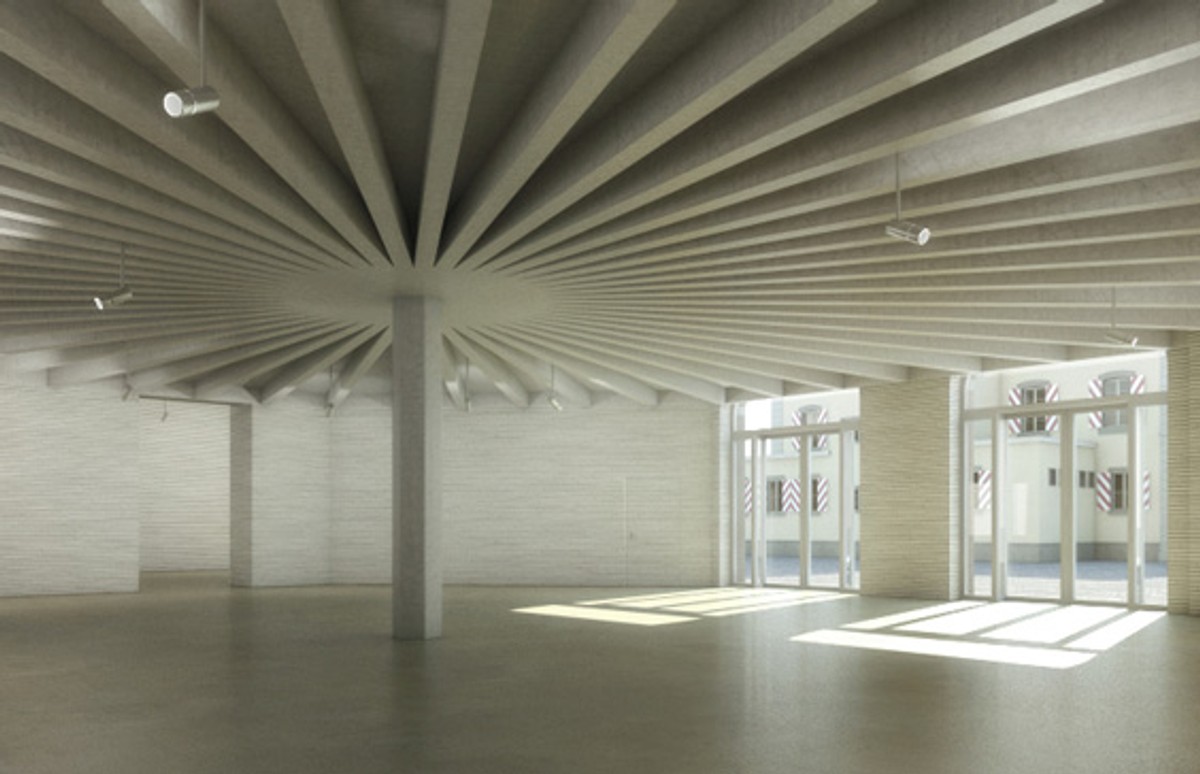 Ill. 10. Aita Flury Architekten, Planetarium Lausanne. The geometry of the cupola determines the exhibition spaces in the below floors: The structure there consists of a radially shaped concrete-ribs-crest; a bar-shaped structure that refers to the contextual wooden structures. Visualisation: Mauro Caviezel

