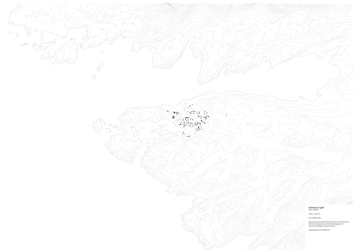 Ill. 2. Sisimiut 1938. (Ill.2-5 er historiske kort over udviklingen af Sisimiut by. Kortene er udviklet i samarbejdet med Sisimiut lokalmuseum).
