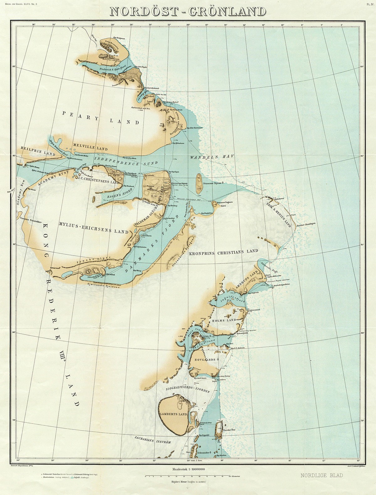 Ill.6. Kort over Nordøst-Grønland, publiceret i 1911 af Johan Peter Koch. Det Kongelige Bibliotek.