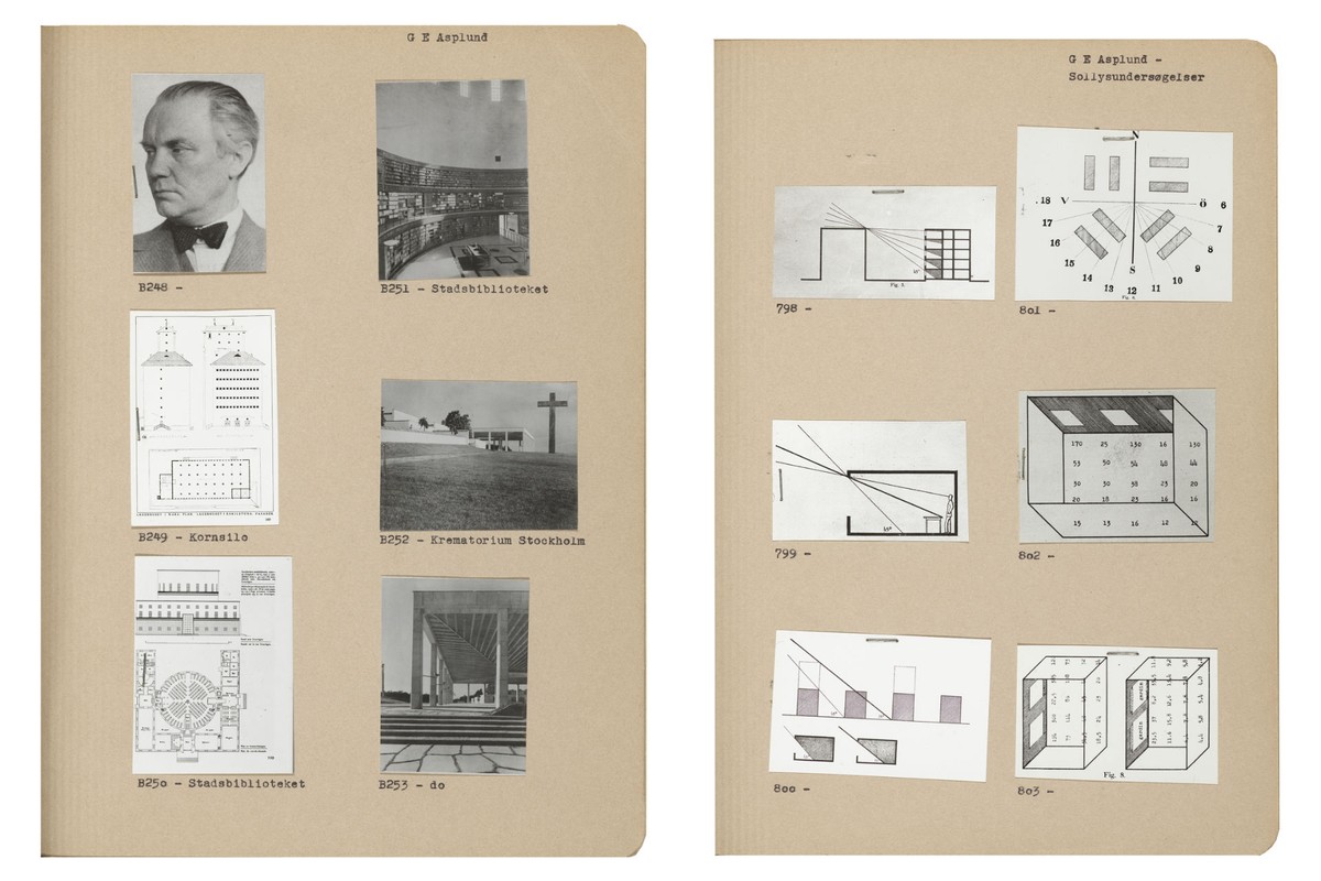 Ill. 8. Two pages from the ten lantern slides registers: a collection images on “Erik Gunnar Asplund” and “Schemes of daylighting” by Erik Gunnar Asplund. Royal Danish Library – The Art Library, Kay Fiskers forretningsarkiv, Kasse 43A.