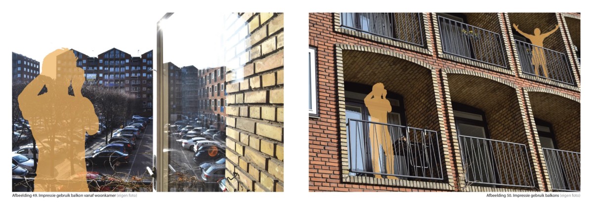 Ill. 13. GR4 | BK@CPH 2016-2017. Dronningegården, Copenhagen, 1942-1957. Perception: usage of a loggia as perceived from inside (left) and outside (right), by Arne Boenders, Anna Buiter, and Danny Westerink.