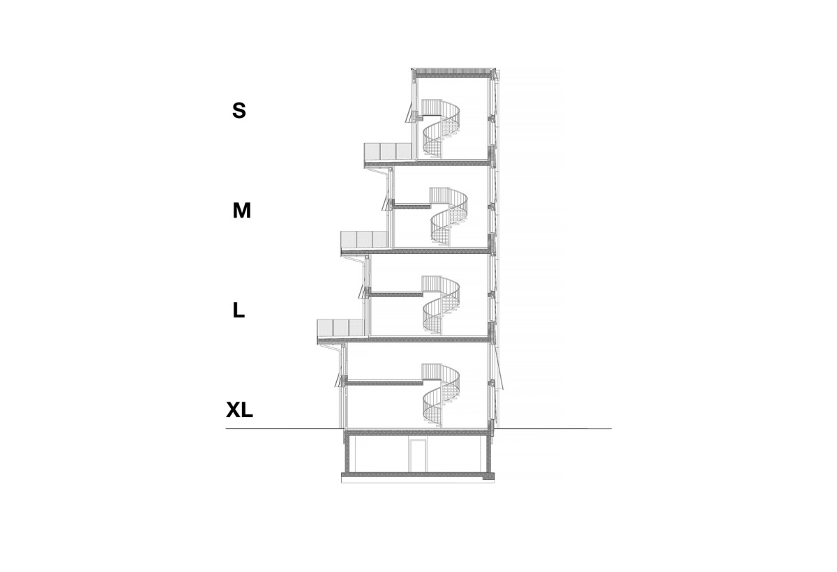 Ill. 4. Lütjens Padmanabhan Architekt*innen, S, M, L, XL Apartments, Zurich, Plan Layouts (2024). Digital drawing by Lütjens Padmanabhan Architekt*innen, 2024.