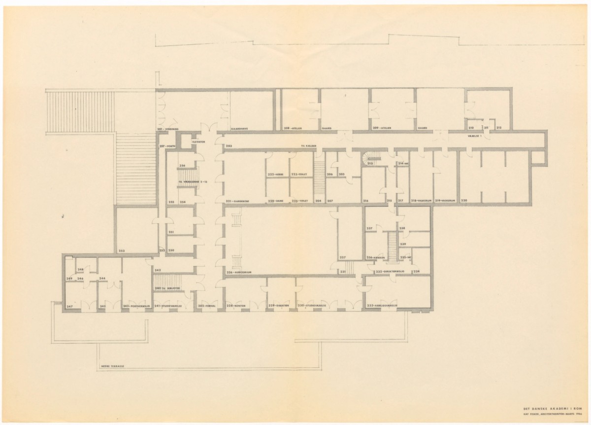 Ill. 5. Plan of the ground floor with entrance, laboratories, auditorium, and the library staircase. Royal Danish Library – The Art Library, Digital collections – images, call. n. 155, mappe 15, 807, mappe 1, 57876