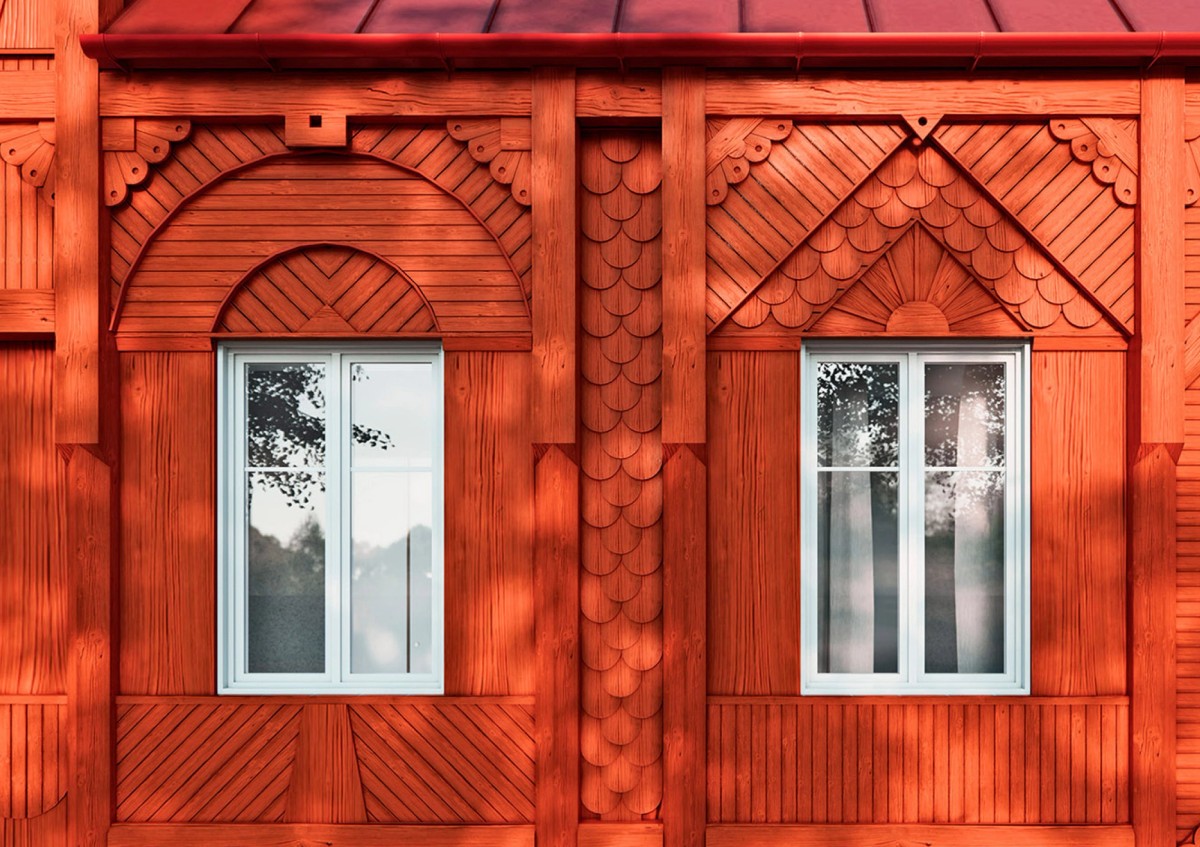 Ill. 14. Andra Arkitekter Villa Allmoge 2020, Rendering: Andreas Amasalidis / Andra Arkitekter

I Villa Allmoge udforsker arkitekten ’den røde hytte’ som arketype, der både repræsenterer en traditionel bygningstypologi og en stærk forbindelse til landskabet. Projektet diskuterer hvordan mødet mellem en historisk bygningskultur og moderne byggeteknik ville kunne manifestere sig. Et overvældende, sanseligt mættet arkitektonisk udtryk der refererer till en folkelig æstetik, og hvor ornamentet skaber en meget kompleks facade.