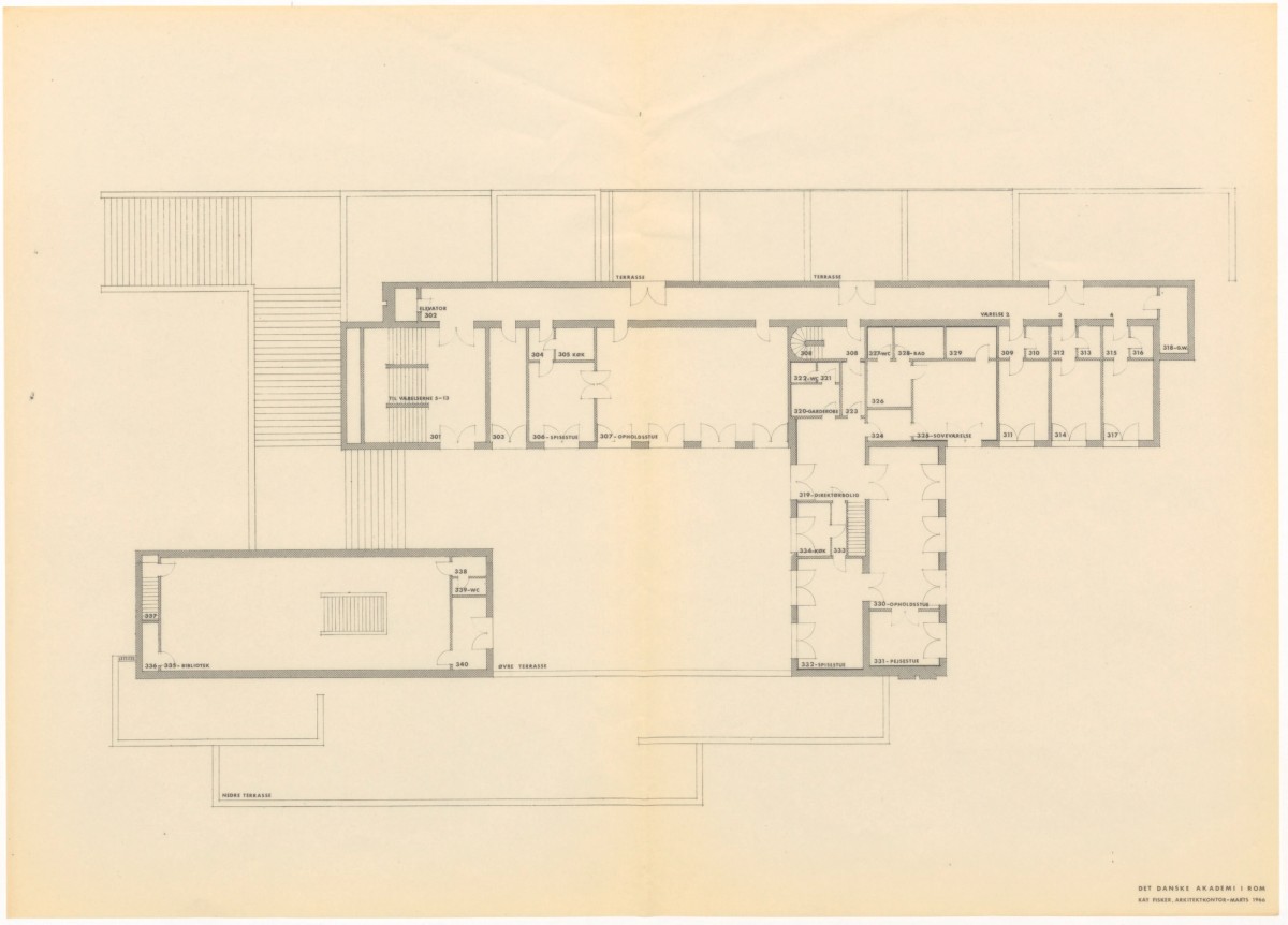 Ill. 4. Plan of the terrace level with common areas, the director apartment, and the library. Royal Danish Library – The Art Library, Digital collections – images, call. n. 155, mappe 15, 55122.