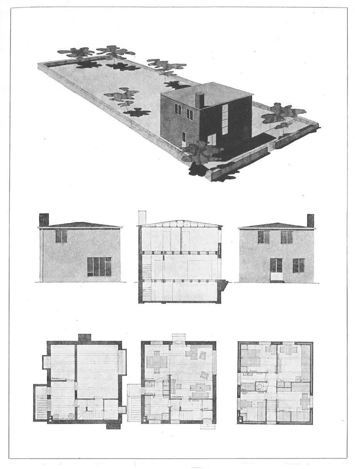 Ill. 5. Viggo Boesen, Example of the 1st assignment (a.y. 1930–1931). Single-family house. A plate depicting an axonometric view and collections of main plans, elevations and one section, scale 1:50. Kay Fisker, “Undervisningen i boligbyggeri ved Kunstakademiet,” Arkitekten Maanedshæfte 34, no. 13 (1932). ARKITEKTENs digitale arkiv.