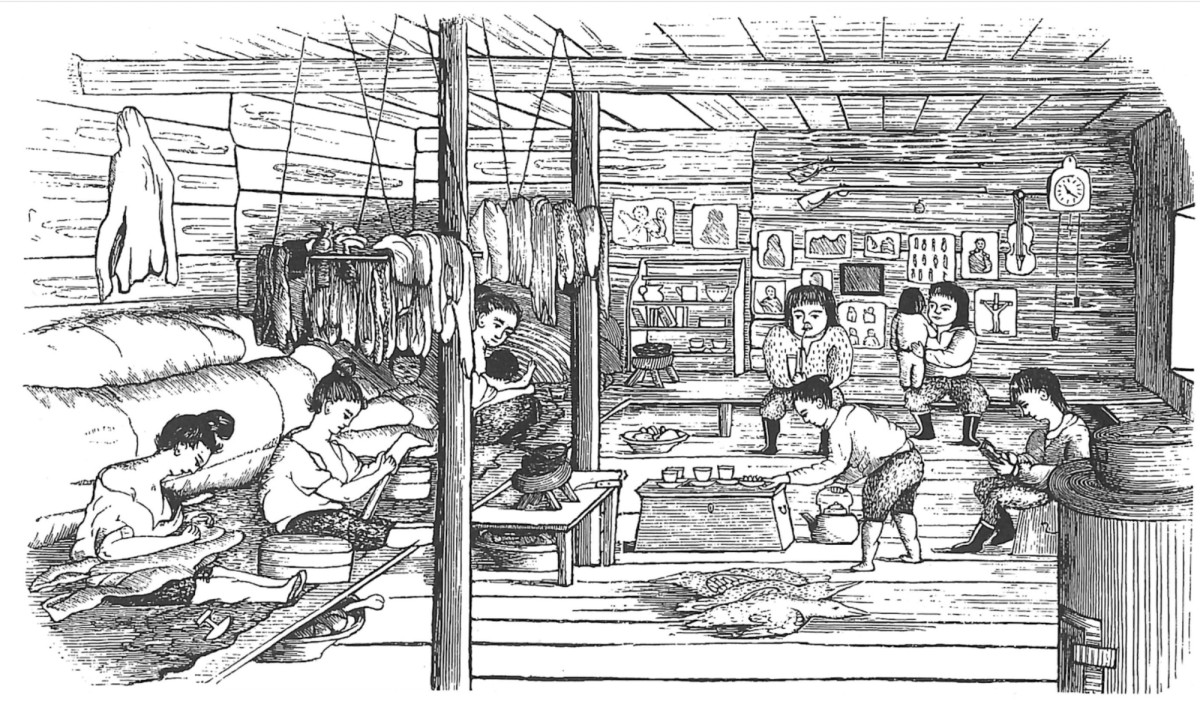 Ill. 3. I dagtimerne er skindforhænget trukket væk og vi ser kvinder sysle på briksen, mens sengetøjet ligger rullet sammen bag dem langs bagvæggen. Illustration: Aron fra Kangeq, tilhører Nunatta Katersugaasivia Allagaateqarfialu / Grønlands Nationalmuseum og Arkiv.