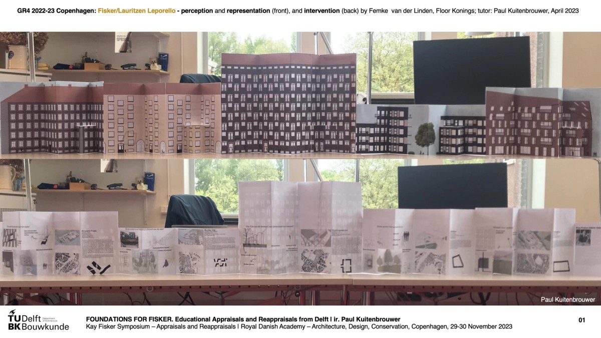 Ill. 20. GR4 | BK@CPH 2022-2023. Fisker / Lauritzen Leporello by Femke van der Linden and Floor Konings. Large housing ensembles and public vs. collective space: Hornbækhus - Gullfosshus - Dronningegården / Marmorbyen - Krøyers Plads. Lecture slide by the author, 30 November 2023.