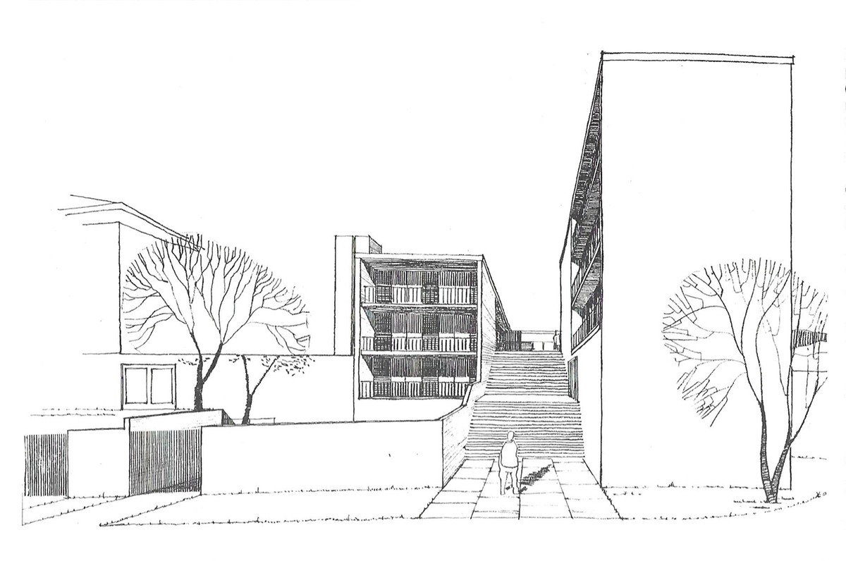 Ill. 7. Kay Fisker, Perspective sketch of the second proposal, with focus on the visual axes freed through the project volumes, 1962, in Parametro no. 142 (1985).
