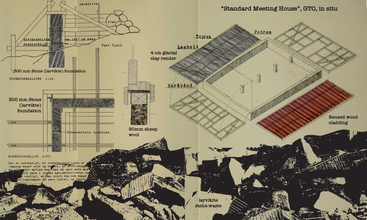 Ill. 6. Speculations on a building laboratory: Extension of Timber Frame House: Manual for Self-builders. Image by authors; supporting image credit: Selvbyggerhus : Vejledning : Ilitserût, 1.5.1974, Grønlands Tekniske Organsation, vol.1, 3.e and 4.d. [Zoomable version]