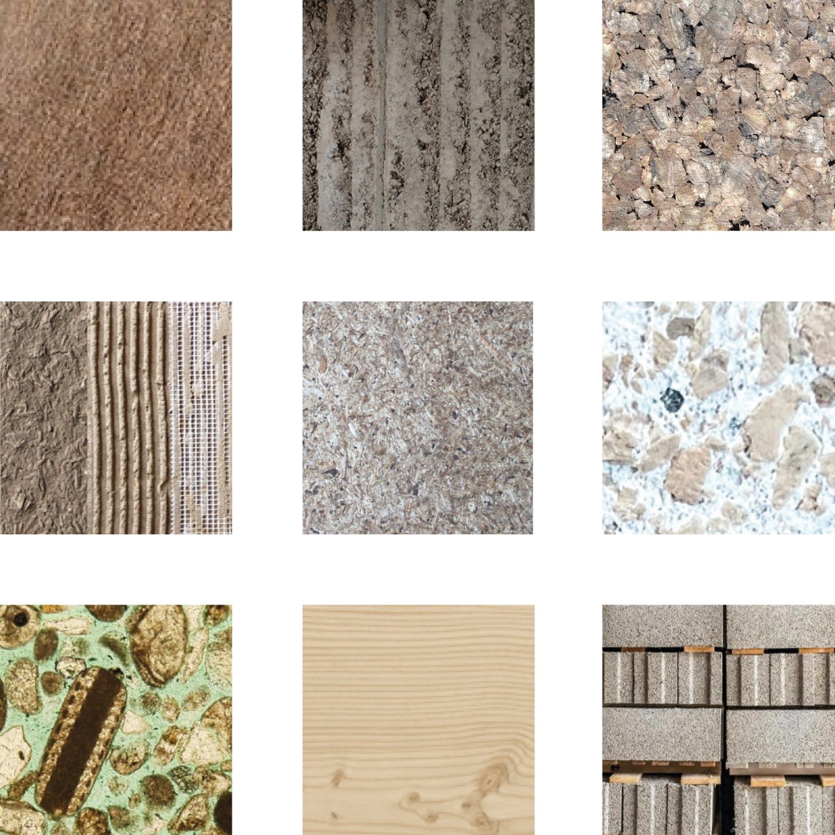 Biogene materialer, Foto: Havnens hænder

Ill. 23. Halm

Ill. 24. Ler

Ill. 25. Kork

Ill. 26. Ler med hamp

Ill. 27. Træfiber

Ill. 28. Kalk og kork

Ill. 29. Biocement

Ill. 30. Træ

Ill. 31. Hempcrete