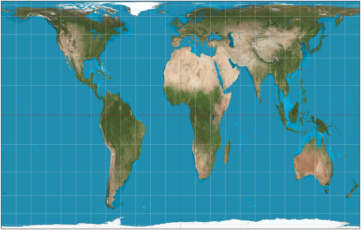 Ill.3.Gall Peters-projektion af verdenskortet, Daniel R. Strebe, skabt i 2011 med data fra Nasa via Geocart. Wikepedia Commons.