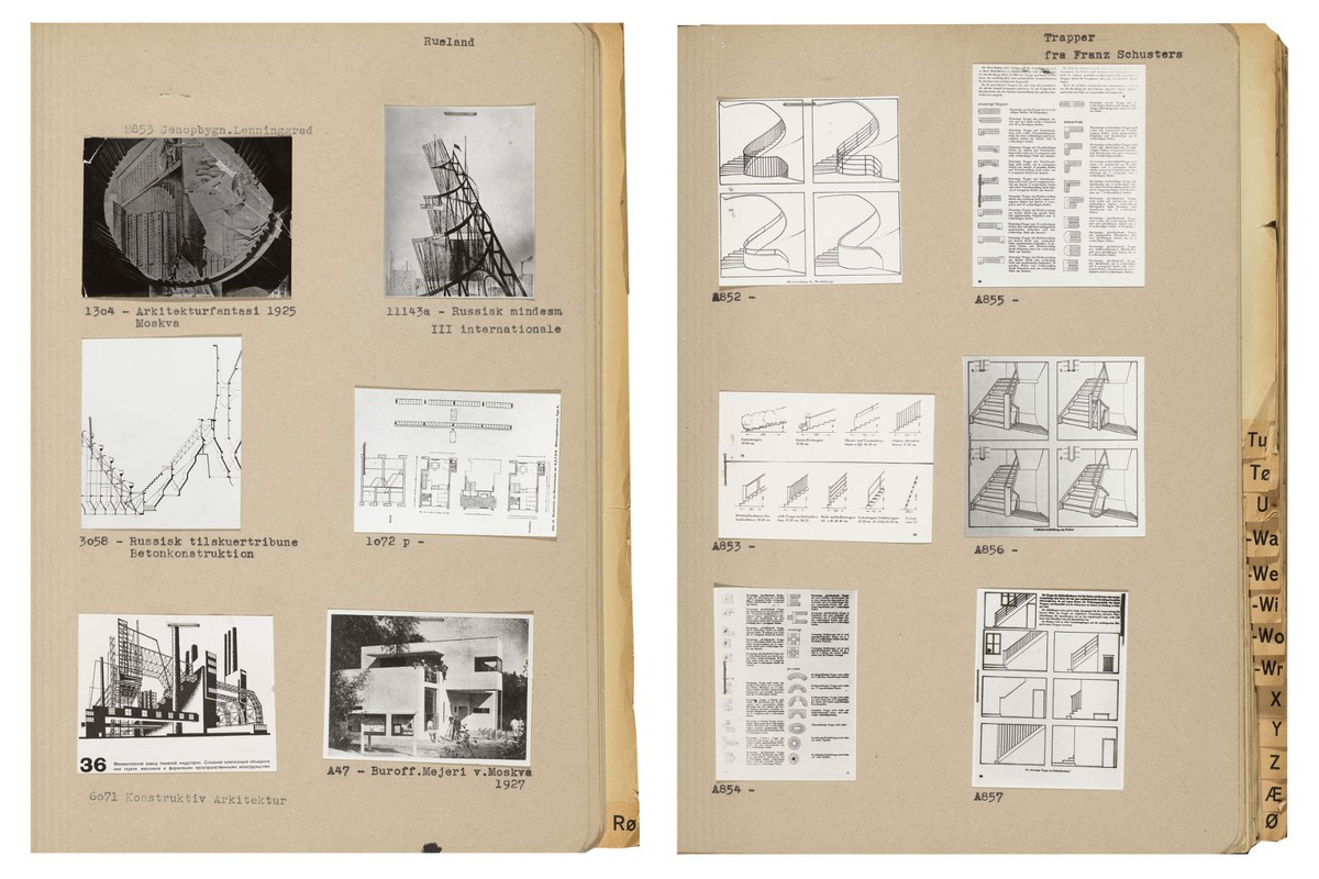Ill. 9. Two pages from the ten lantern slides registers: a collection images on “Soviet Union” architectures and “Staircase” systems by Franz Schuster publication Treppen (1949). Royal Danish Library – The Art Library, Kay Fiskers forretningsarkiv, Kasse 46B (N-R), Kasse 47A (S).