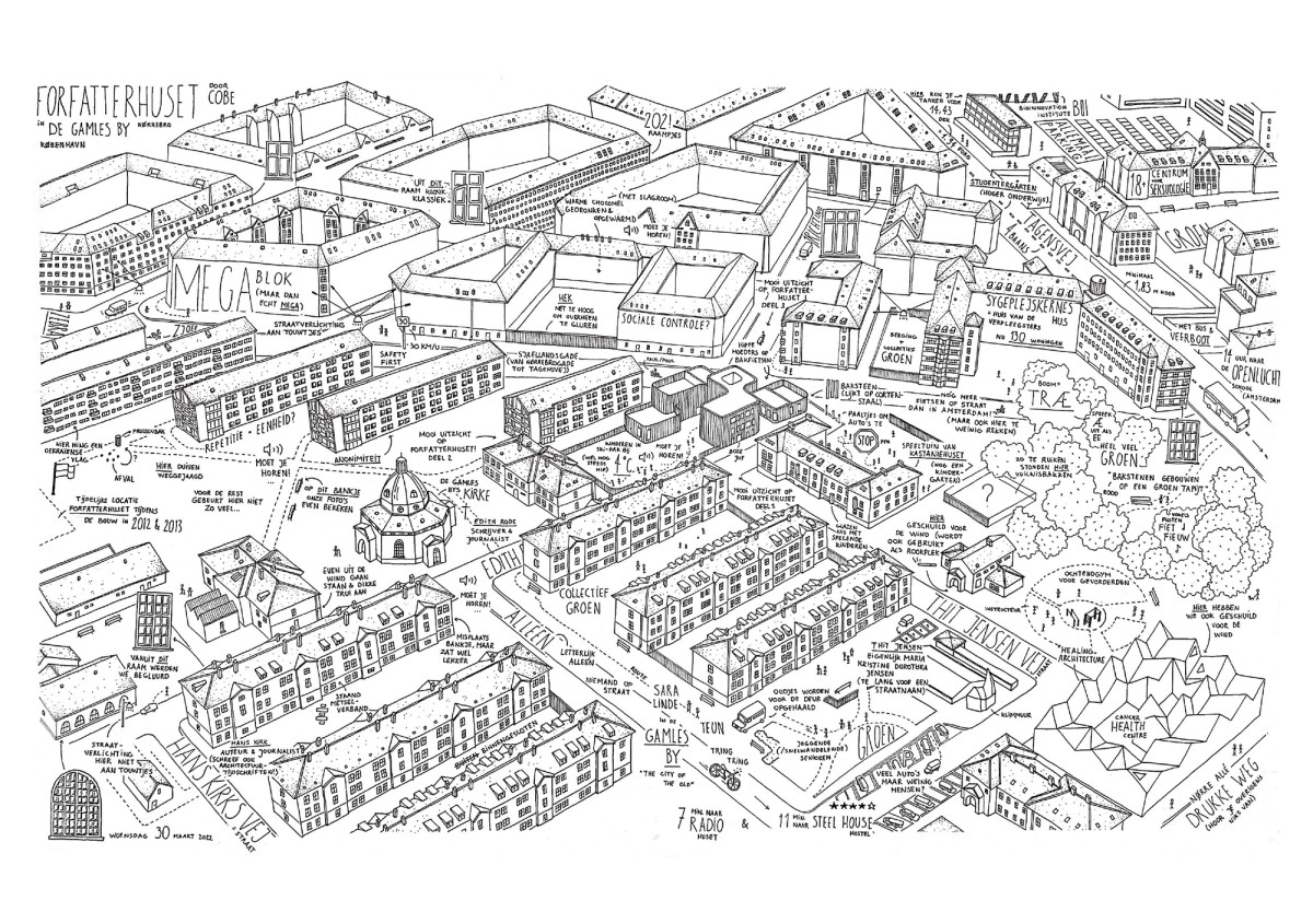 Ill. 14. GR4 | BK@CPH 2022-2022. Forfatterhuset, Cobe, 2012-2014 as embedded in De Gamles By, Nørrebro, Copenhagen: soft mapping by Sara Linde van Keulen and Teun Smits, inspired by Jan Rothuizen's Soft Atlas of Amsterdam: Perspectives on Everyday Life (Nieuw Amsterdam, 2023).