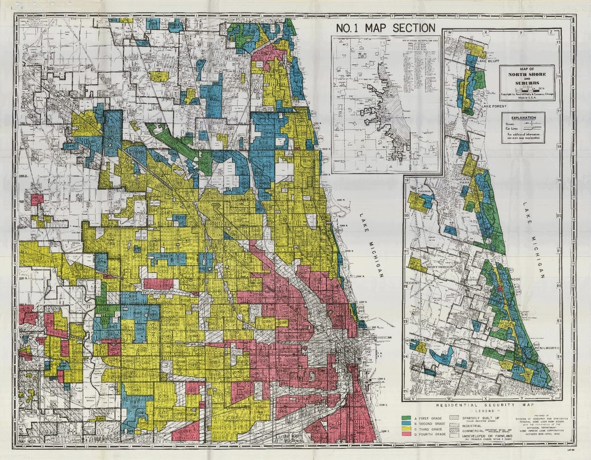Ill. 4. Redlining map Chicago, Federal Housing Administration, 1939 – red and yellow areas would not get support for lending because they “are characterized by detrimental influences in a pronounced degree, undesirable population or infiltration of it” which in plain English means populated by Black people