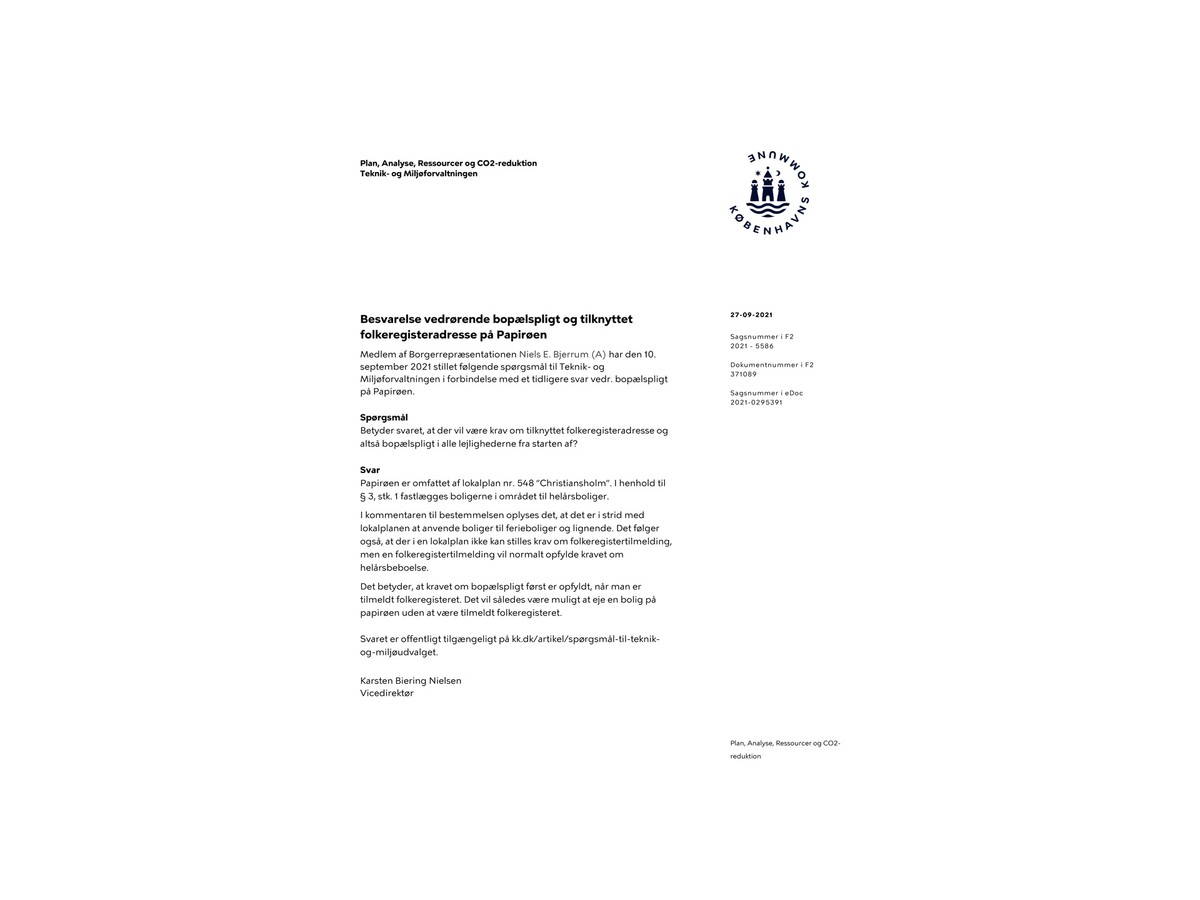 Ill.12. Besvarelse vedr. Bopælspligt og tilknyttet folkeregisteradresse på Papirøen