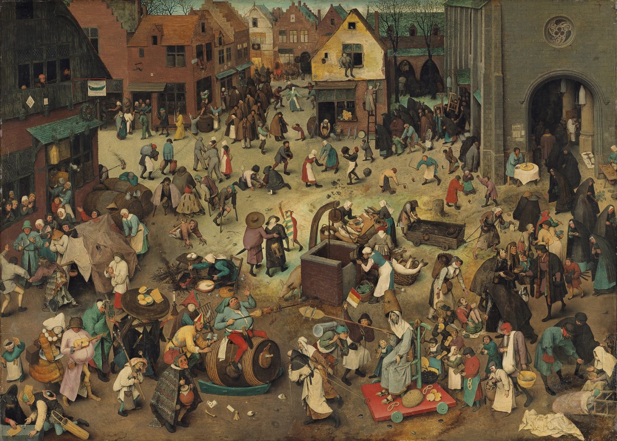 Pieter Bruegel d. Ä., The Fight between Carnival and Lent (1559), oak wood, 118 cm × 163,7 cm × 3,3 cm, Kunsthistorisches Museum Wien, Gemäldegalerie, Wien.
