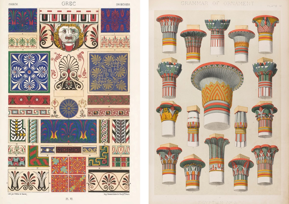 Ill. 11. Albert Racinet, Egyptien, Illustration: Polychromatic Ornament 1869, Wikipedio Commons

Ill. 12. Owen Jones, Egyptian No. 3, Illustration: Grammar of Ornament fra 1856.
Arkitektoniske fremstillinger af ornamenter er gennem historien blevet transformeret, genopdaget, studeret og kopieret på tværs af stilperioder og kulturelle- og geografiske grænser, det afspejler hermed samfundets udvikling og har en plads i vores kollektive bevidsthed. Owen Jones´ eksempelsamling, Grammar of Ornament fra 1856 og Albert Racinet”s Polychromatic Ornament 1869, var de mest betydningsfulde forsøg på at gøre ornamentets og polykromiens brede historie tilgængelig.