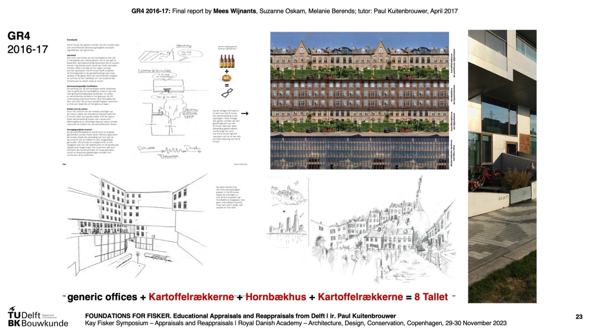 Ill.10. GR4 | BK@CPH 2016-2017. Comparative plan analysis by Mees Wijnants of 8TALLET / 8 House, Bjarke Ingels Group, Ørestad, Copenhagen, 2006-2010. ‘Copenhagen Typology Transfer’: kontorer + rækkehusene + storkarré (lejligheder) + rækkehusene = 8TALLET. Lecture slide by the author, 30 November 2023.