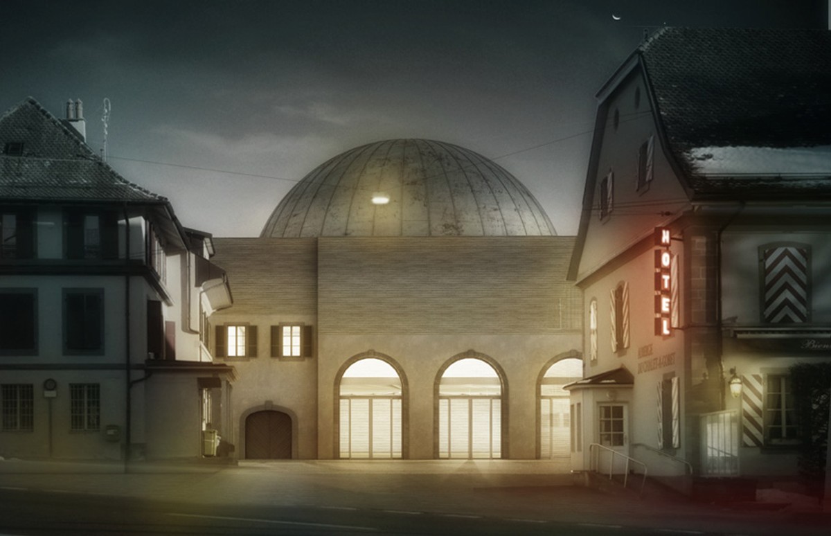 Ill. 9. Aita Flury Architekten, Planetarium Lausanne. The outer roof of the Planetarium that appears in silhouette shows dimensions that stem from an urbanistic idea and consists of a Schwedler cupola construction. Visualisation: Mauro Caviezel