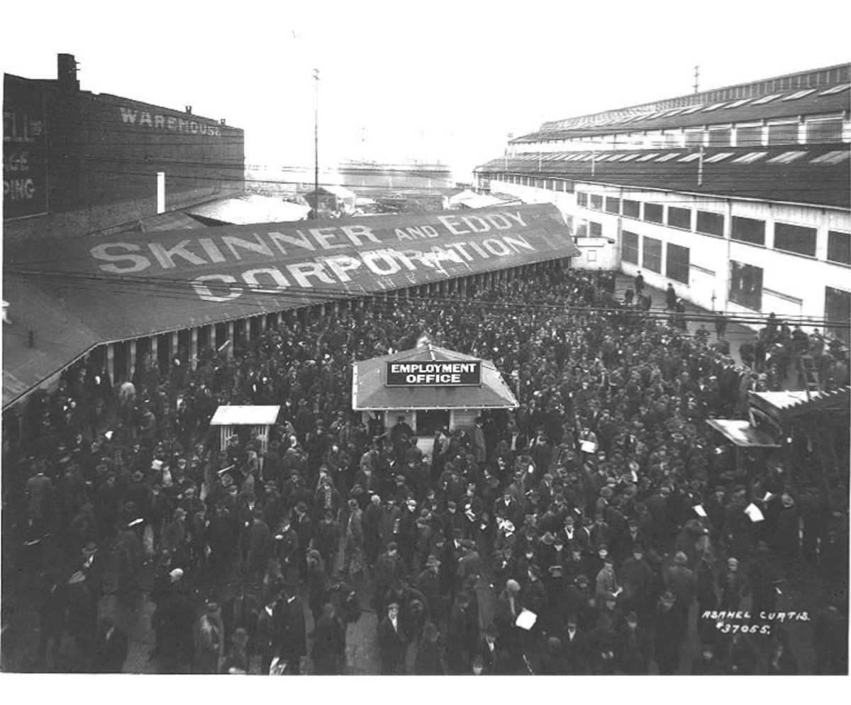 Ill. 2. Photograph of Skinner and Eddy shipyard workers leaving on strike by Asahel Curtis, 1919