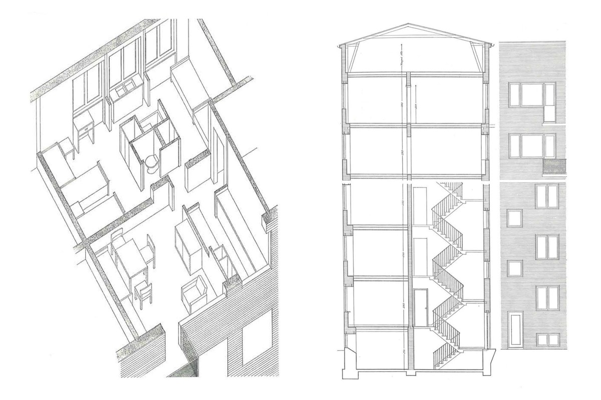 Ill. 6. Viggo Boesen, Example of the 2nd assignment (a.y. 1930–1931). Large residential complex.A plate depicting an axonometric view of dwelling type and collections of main elevation and section, scale 1:20. Kay Fisker, “Undervisningen i boligbyggeri ved Kunstakademiet,” Arkitekten Maanedshæfte 34, no. 13 (1932). ARKITEKTENs digitale arkiv