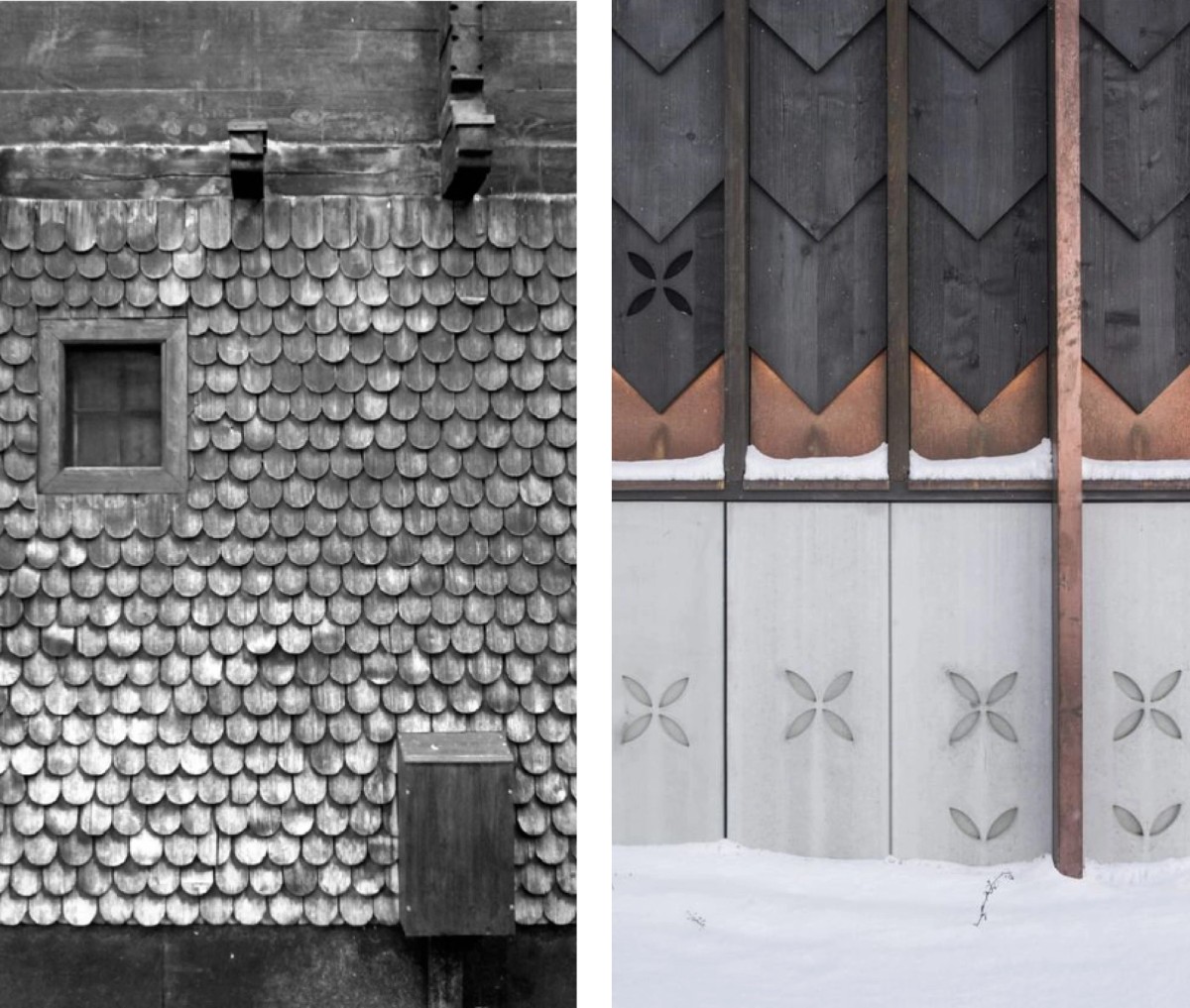 Ill. 17. Lokalt historisk byggeskik i Orsonnes, Foto: TEd'A arquitectes

Ill. 18. Ted’A School in Orsonnes 2014, Foto: Luis Díaz

Forslaget til en ny skole i Orsonnes Schweiz, aflæser og fortolker omgivelserne. Den traditionelle facadebeklædning genfortolkes og får et nyt udtryk, med en tydelig reference til den lokale og traditionsbundne byggeskik. De moderne produktions- og konstruktionsmetoder, der er tydelige aflæselige i facadens sammensætning, i kombination med struktur, rytme og ornamentik der har lokal forankring, skaber kulturelle tilknytning.