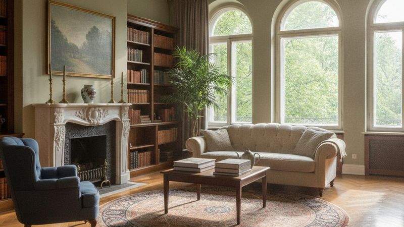 Editorial photograph of a classic pre-war living room with a wood-burning fireplace, herringbone parquet floors and tall