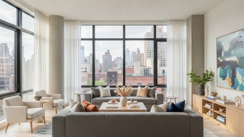 Editorial photograph of a spacious, furnished family living room with oversized windows and white oak floors in a new Ma