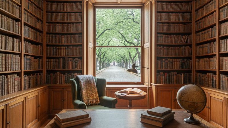 Editorial photograph of a refined prewar library with built-in bookshelves, an armchair and a window onto a tree-lined a